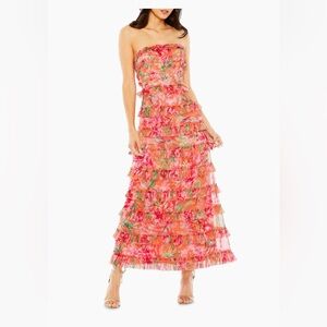 Mac Duggal Pink and Orange Strapless Tiered Gown